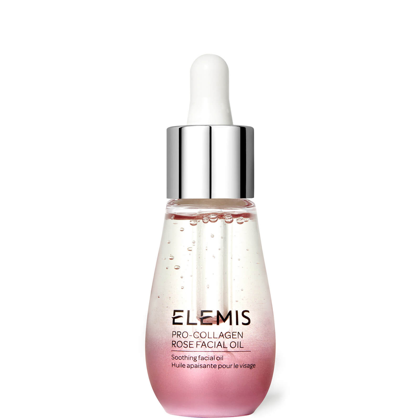 Elemis Pro-Collagen Rose Facial Oil 15ml in a glass bottle with dropper, part of Elemis skincare lotion and moisturizer collection.