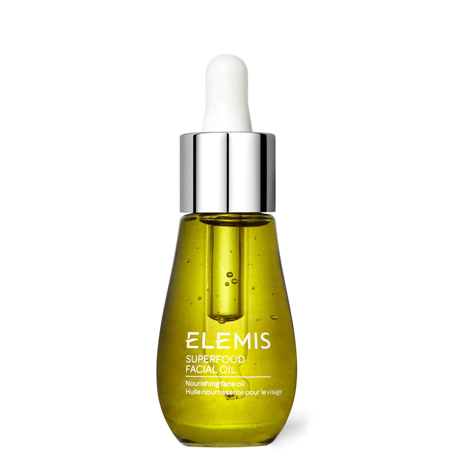 Elemis Superfood Facial Oil 15ml for skin care, featuring a clear glass bottle with dropper cap and natural ingredients inside.