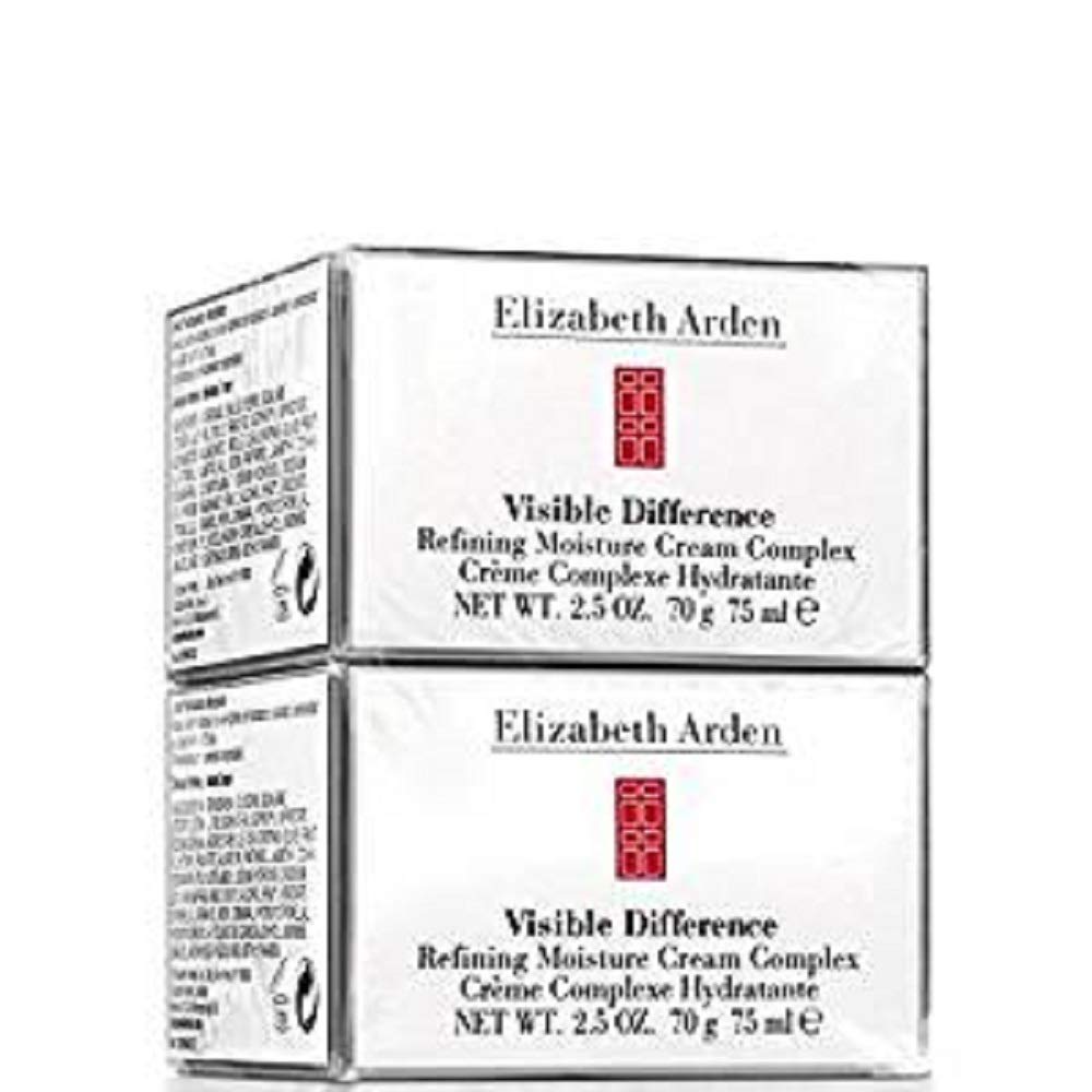 Two bottles of Elizabeth Arden Visible Difference Refining Moisture Cream Complex, a skin care product in 75ml containers.