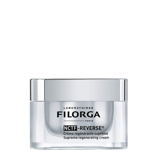 Filorga NCTF Reverse Cream 50ml jar with white and gold packaging, smooth cream visible in an open jar for anti-aging skincare.