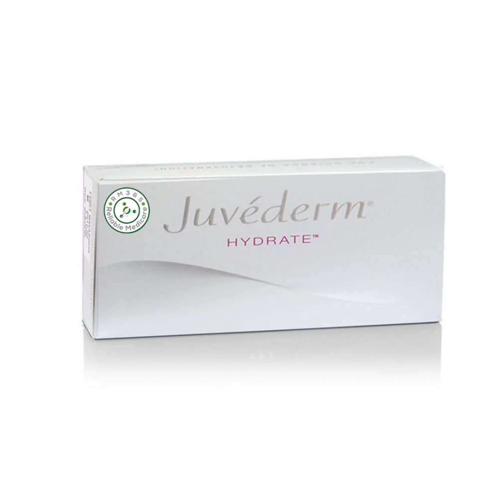 JUVEDERM HYDRATE 1ML beauty product, featuring clear syringe with JUVEDERM branding for skin hydration treatment.