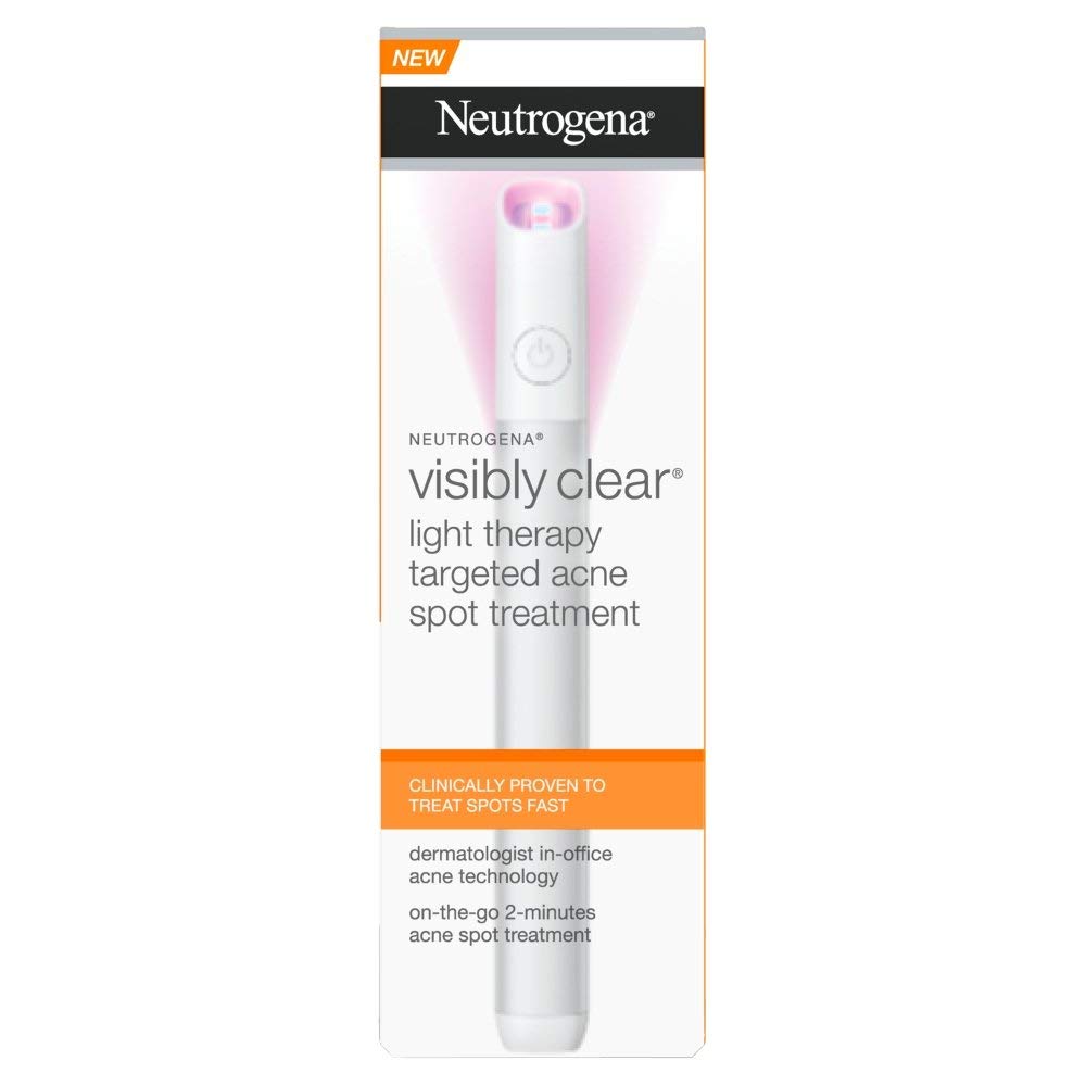 Neutrogena Visibly Clear Light Therapy Acne Spot Treatment device showing a handheld light therapy tool for targeted skin clearings.