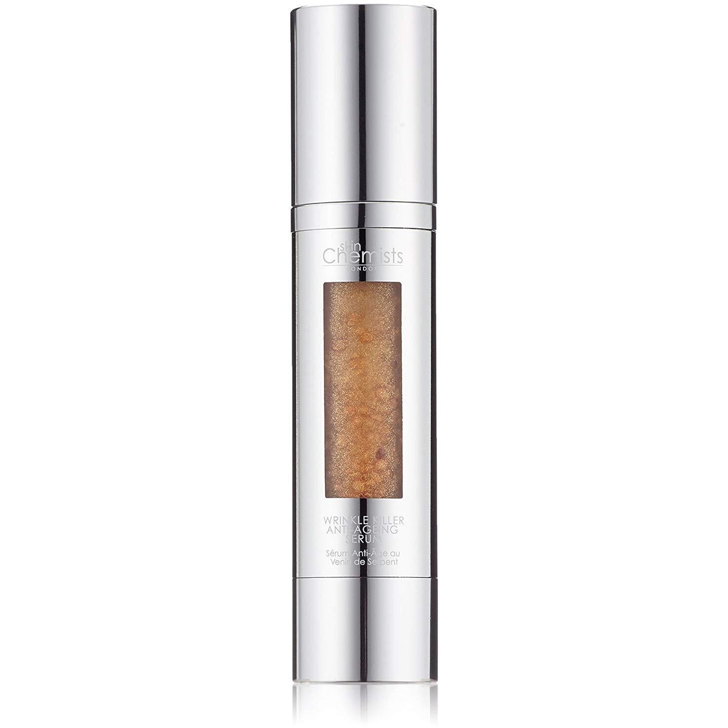 SkinChemists London Wrinkle Killer Anti-Aging Serum with molecular spheres in a 50ml bottle, showcasing sleek packaging and serum inside.