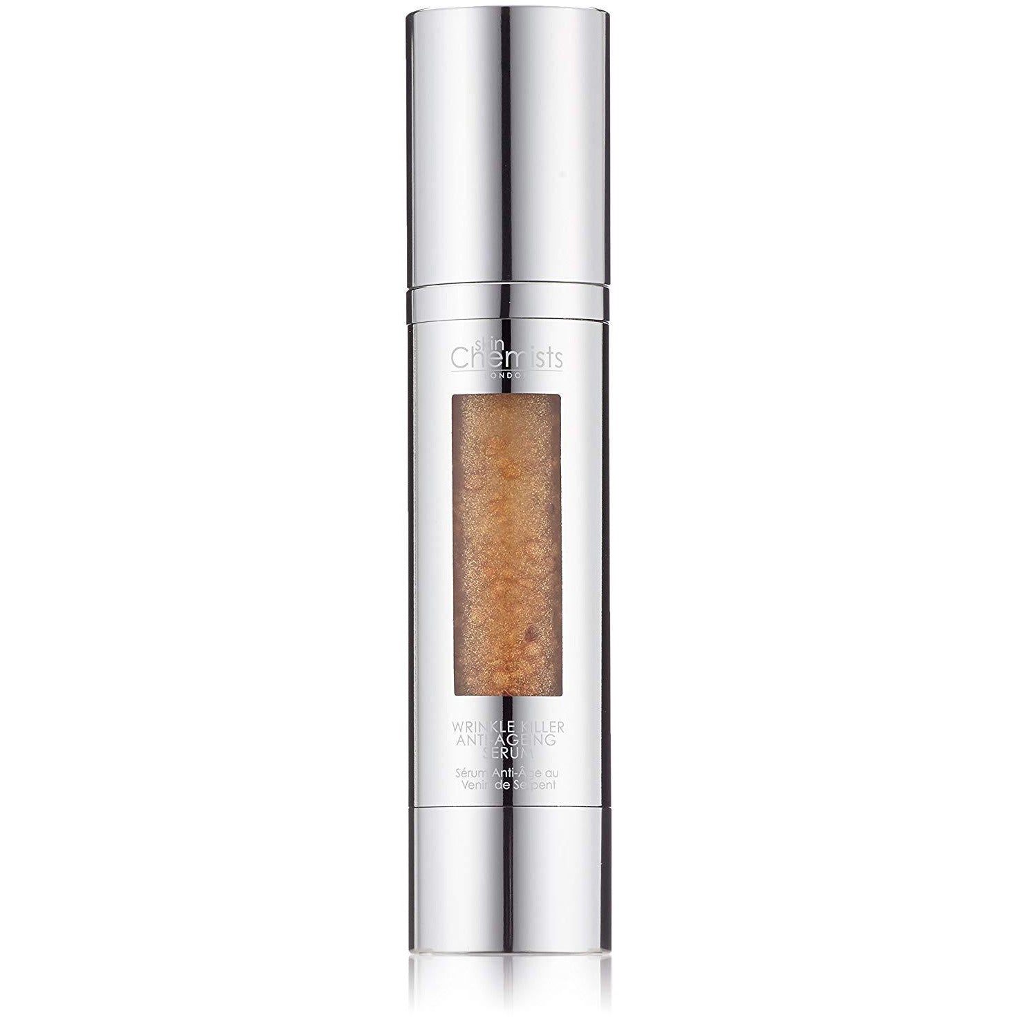 SkinChemists London Wrinkle Killer Anti-Aging Serum with molecular spheres in a 50ml bottle, showcasing sleek packaging and serum inside.