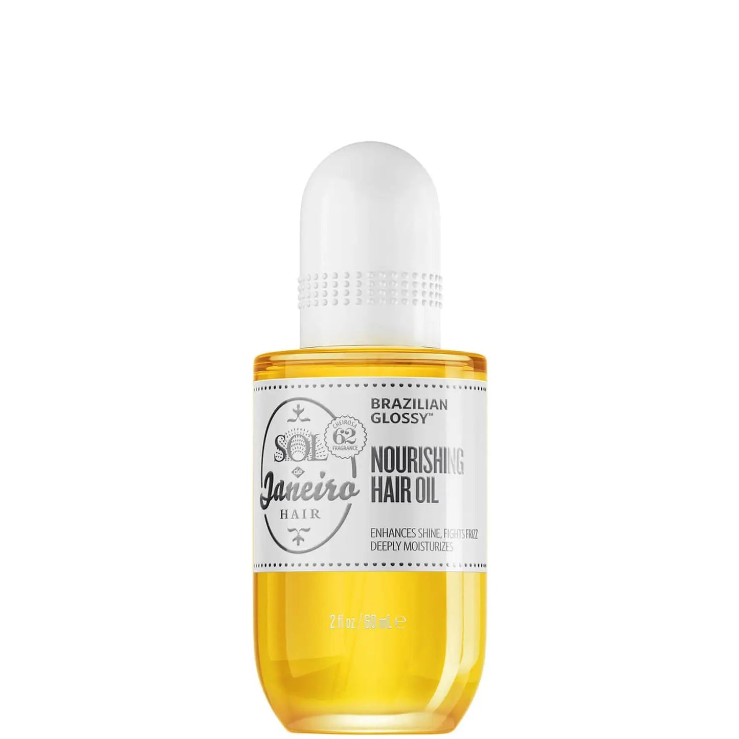 Sol de Janeiro Brazilian Glossy Nourishing Anti-Frizz Hair Oil in 58ml bottle, highlighting shiny, smooth hair.