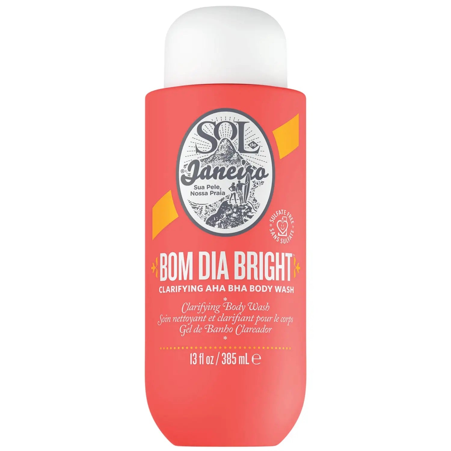 Sol de Janeiro Bom Dia Bright Clarifying AHA BHA Body Wash in 385ml bottle, featuring a vibrant, tropical-themed design.