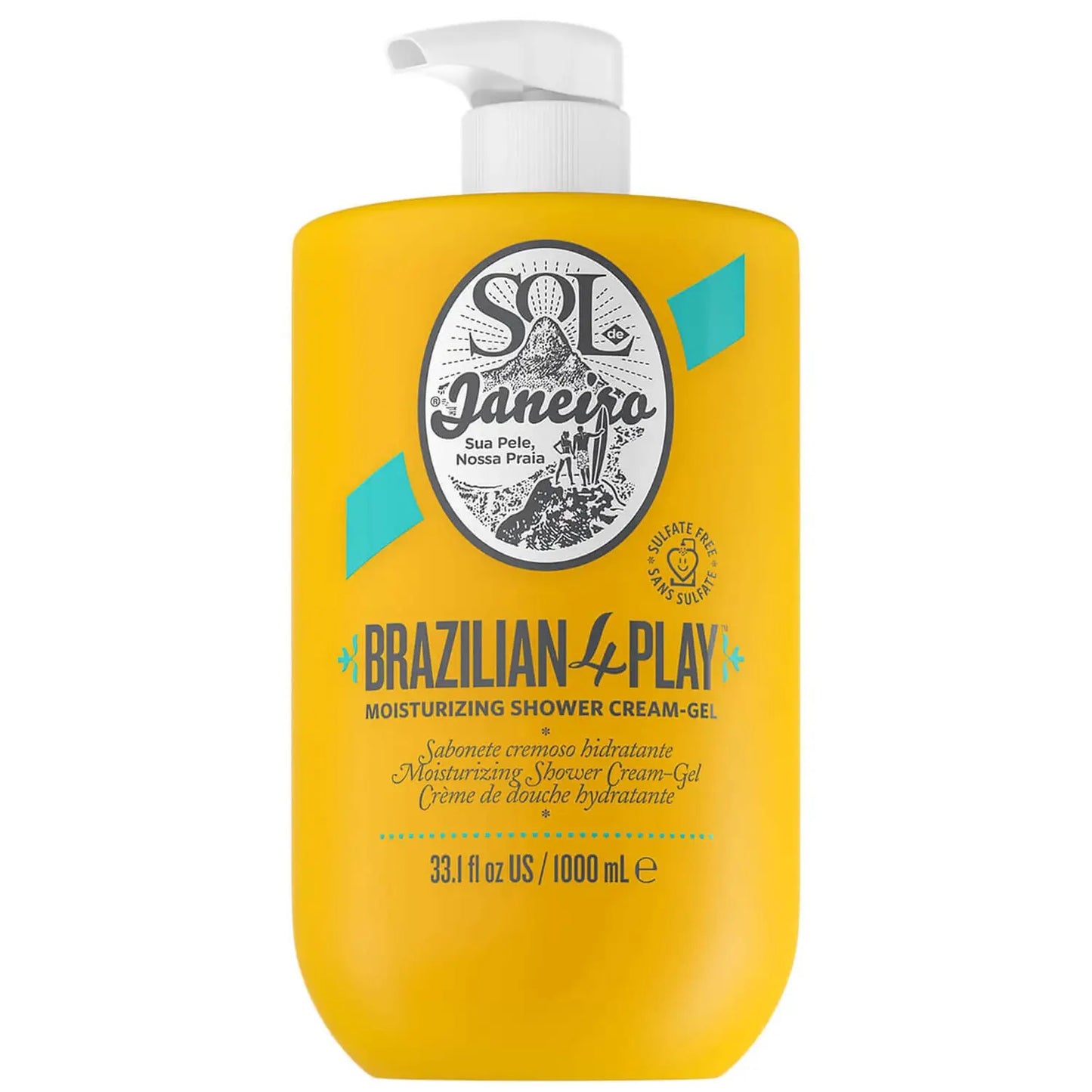 Sol de Janeiro Brazilian 4 Play Moisturizing Shower Cream-Gel bottle, creamy texture, 1000ml size, designed for nourishing skin.