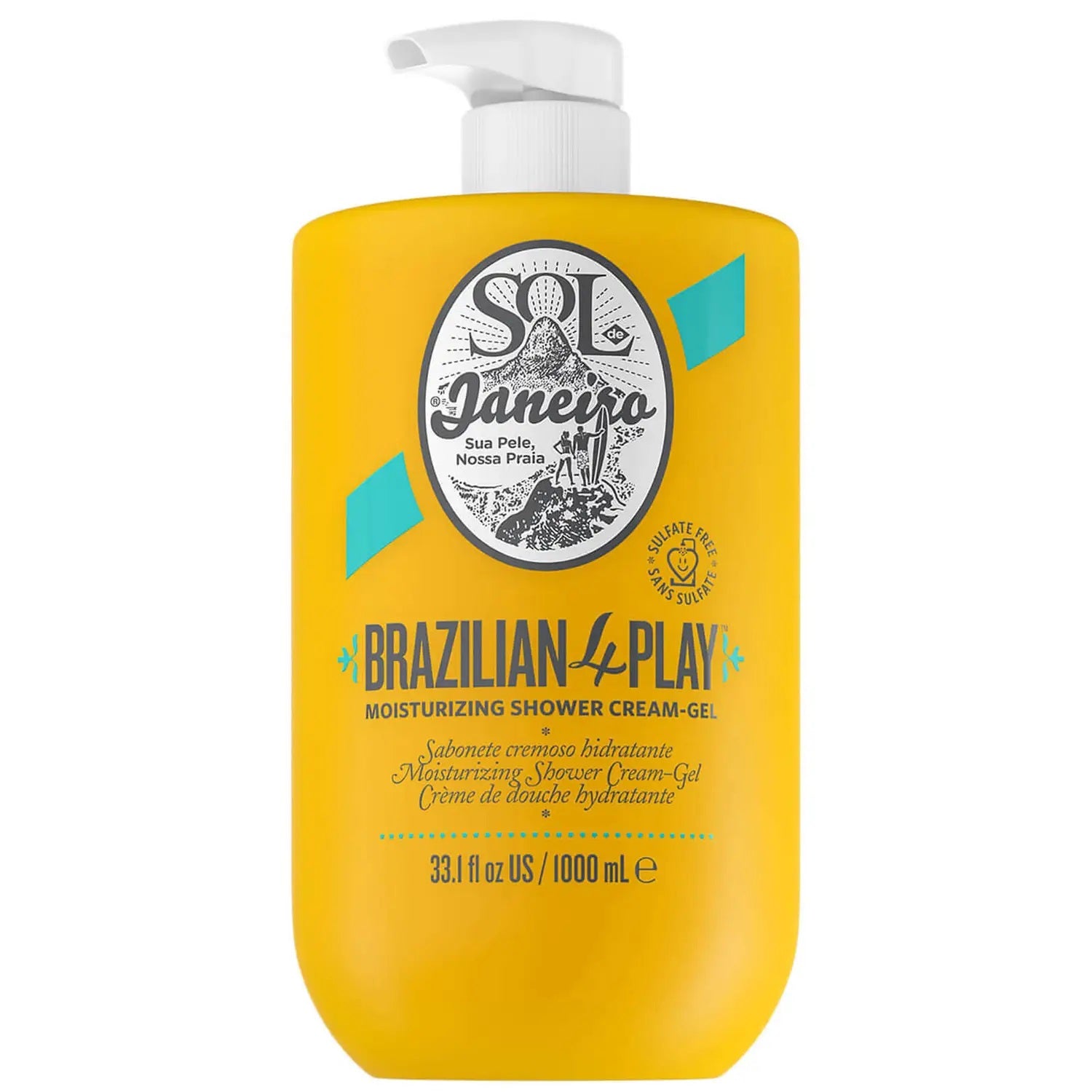 Sol de Janeiro Brazilian 4 Play Moisturizing Shower Cream-Gel bottle, creamy texture, 1000ml size, designed for nourishing skin.