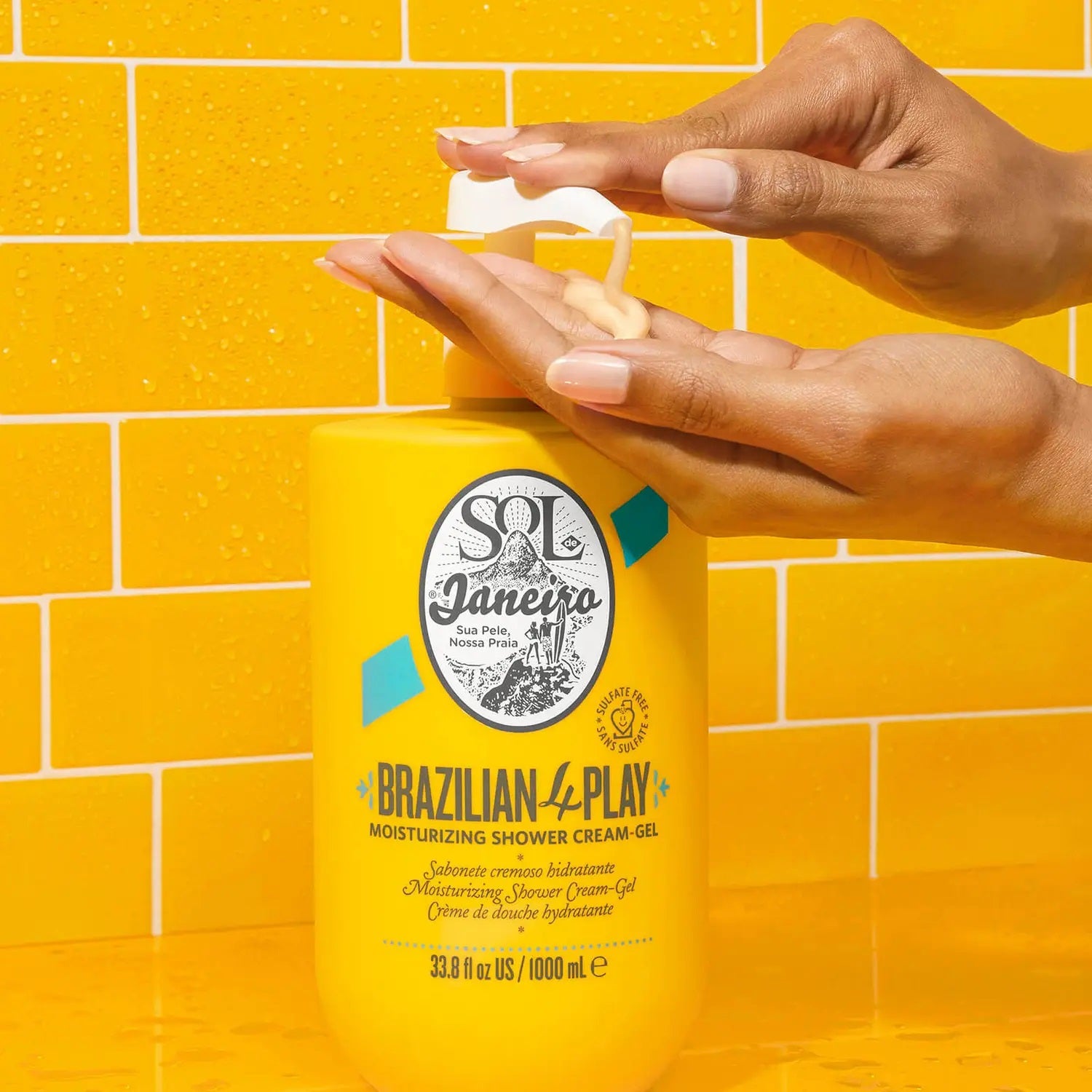 Sol de Janeiro Brazilian 4 Play Moisturizing Shower Cream-Gel bottle, creamy texture, and vibrant packaging visible in the image.