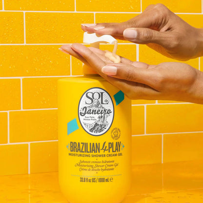 Sol de Janeiro Brazilian 4 Play Moisturizing Shower Cream-Gel bottle, creamy texture, and vibrant packaging visible in the image.