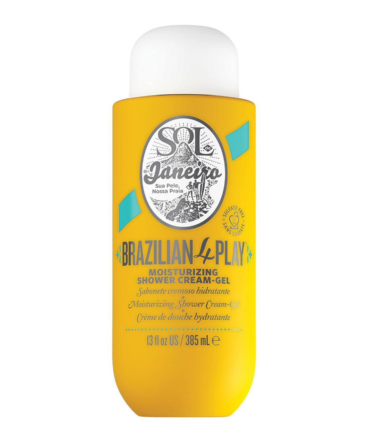 Sol de Janeiro Brazilian 4 Play Moisturizing Shower Cream-Gel in 385ml bottle, creamy texture with tropical scent.