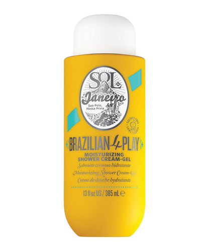 Sol de Janeiro Brazilian 4 Play Moisturizing Shower Cream-Gel in 385ml bottle, creamy texture with tropical scent.