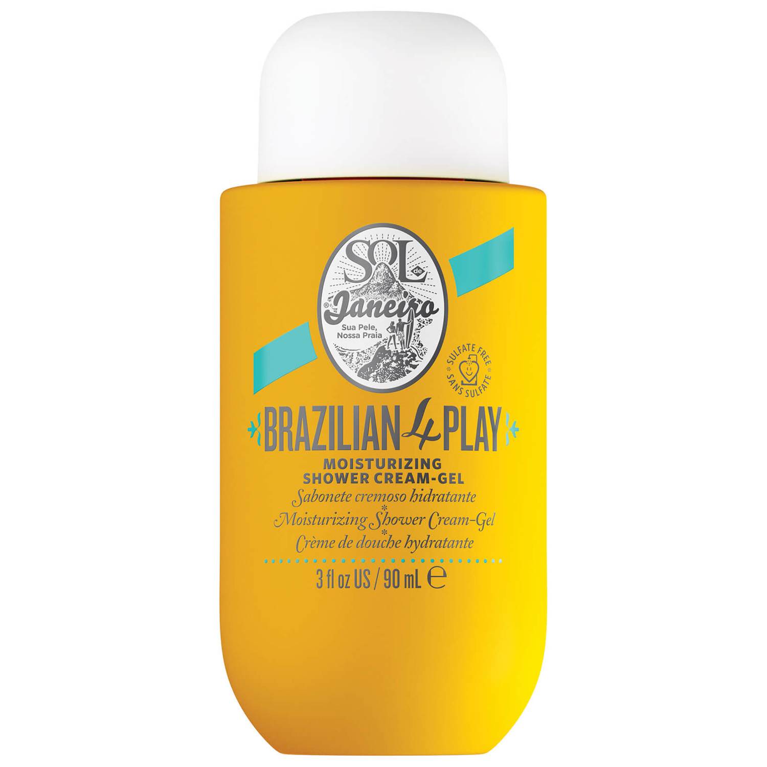 Sol de Janeiro Brazilian 4 Play Moisturizing Shower Cream-Gel in 90ml tube, with a vibrant, tropical-themed design.