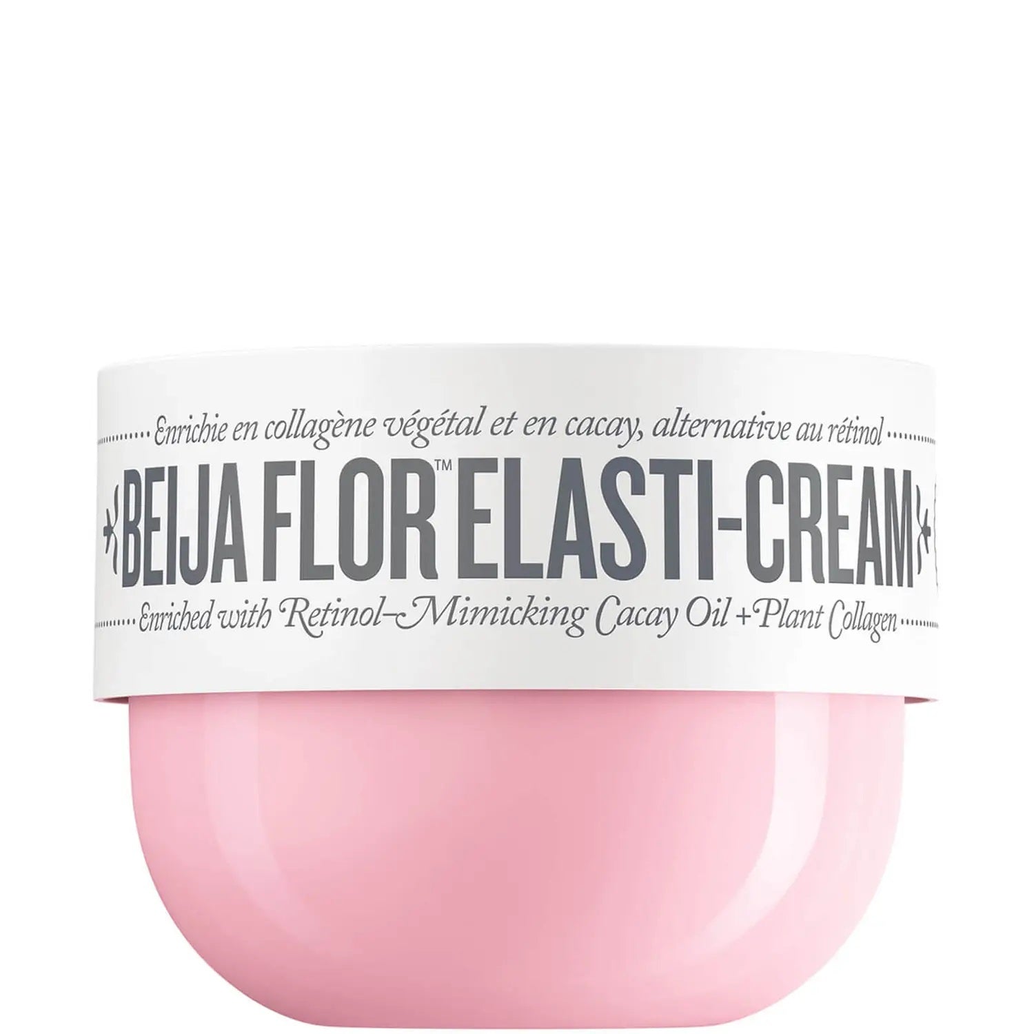 Sol de Janeiro Beija Flor Elasti-Cream 75ml jar showing creamy texture and vibrant packaging for skin elasticity and hydration.