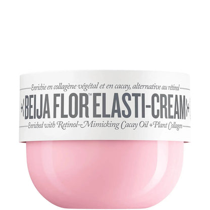Sol de Janeiro Beija Flor Elasti-Cream 75ml jar showing creamy texture and vibrant packaging for skin elasticity and hydration.