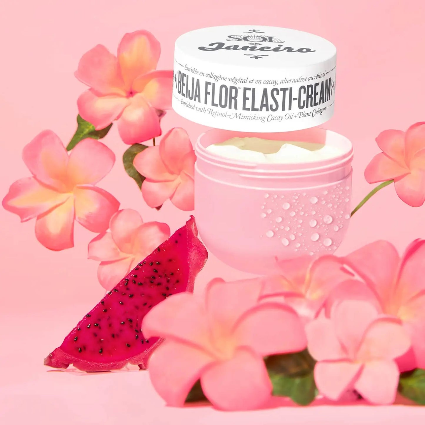 Sol de Janeiro Beija Flor Elasti-Cream 75ml jar showing creamy texture and vibrant packaging for skin elasticity.