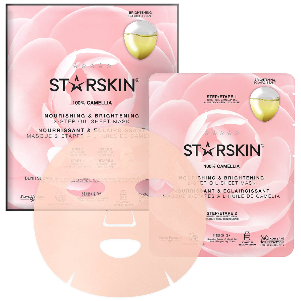 STARSKIN 100% Camellia 2-Step Oil Sheet Mask for nourishing and brightening skin, shown on a skincare product image.