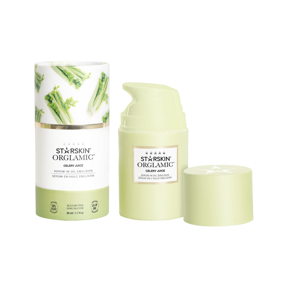 STARSKIN Orglamic Celery Juice Serum-In-Oil Emulsion bottle, skincare product in 50ml container with a sleek design