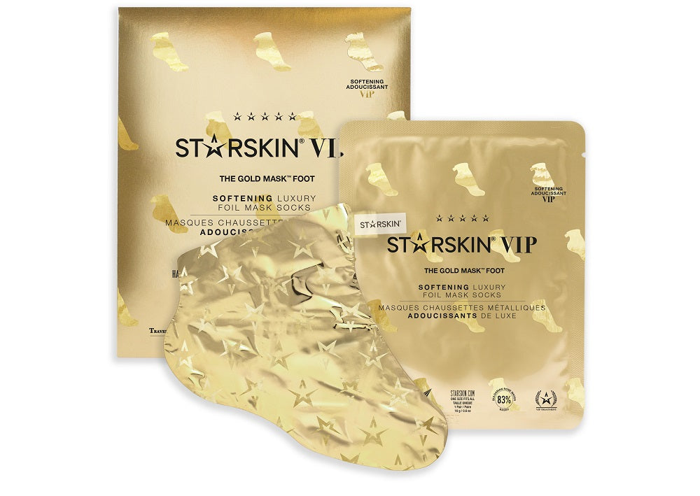 STARSKIN VIP The Gold Foot Mask, softening foil mask socks for luxurious foot skincare, shown on feet in the image.